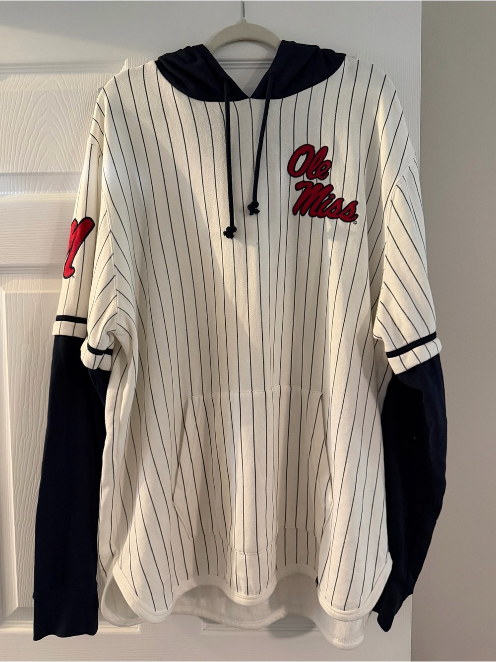 Ole Miss Pinstripe Hooded Crewneck Sweater in White & Navy